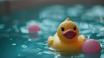 Rubber duck toy in water with bokeh background.