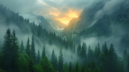 Atmospheric mountain valley with mist and a radiant sunrise breaking through. Mountains, clouds and...