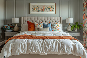 Classic bedroom with classic bedding and pillows, interior design concept, modern decor, generative ai