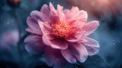   A close-up of a pink flower with water droplets on its petals and a blurry background - Powered by Adobe