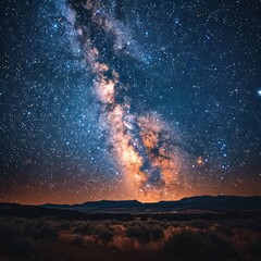 Photograph of a wide-angle shot of a starry night sky, with the majestic Milky Way stretching across the horizon