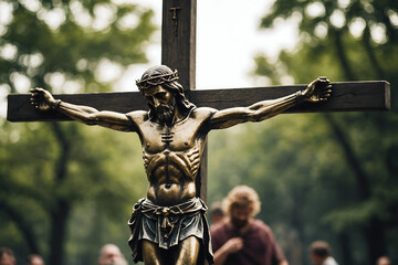 Detailed Crucifixion Statue with Devotional Background