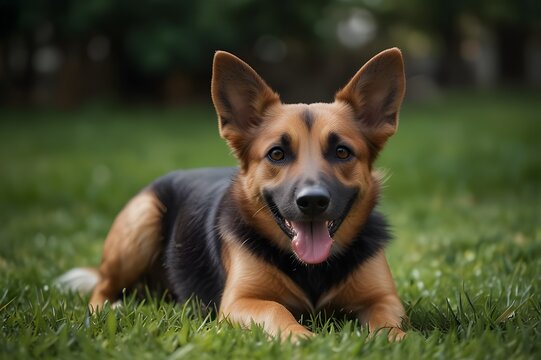 Happy pet dog playing on green grass lawn in full length portrait on summer day