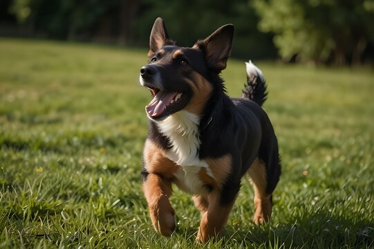 Happy pet dog playing on green grass lawn in full length portrait on summer day