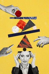 Vertical photo collage of upset business woman tired work pressure brainstorm dilemma concept...