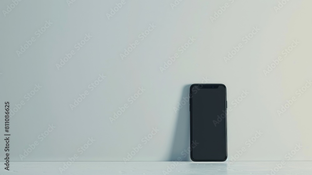 Poster smartphone in black color isolated against a white background with a blank screen and space for text