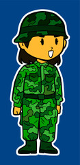 Girl Kid Army Cartoon Sticker Illustration