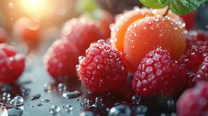   Raspberries with water droplets and a leaf on top