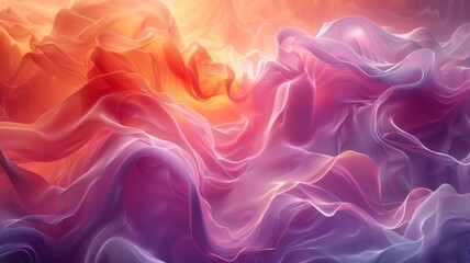 Obraz premium The image is a colorful abstract painting. It has a wavy pattern and a gradient of orange, yellow, pink and purple colors.