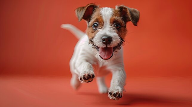 An adorable dog full of infectious joy on a red background.