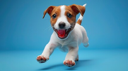 An adorable dog full of infectious joy on a blue background.