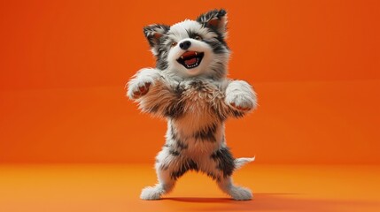 An adorable dog full of infectious joy on a orange background.