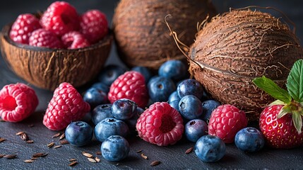   A bowl of raspberries, blueberries, and raspberries next to a bowl of coconuts