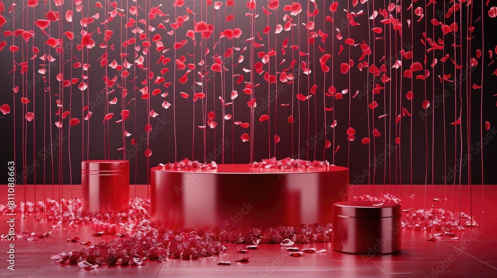 Poster elevate your display game with a striking red product podium set against a sleek backdrop adorned wi