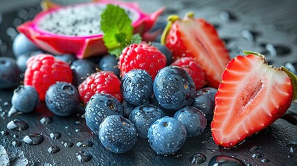   Berries, Raspberries, Blueberries, and Dragon Fruit on a Black Surface with Water Droplets - Powered by Adobe
