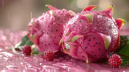   A pink flower with droplets of water and raspberries in focus