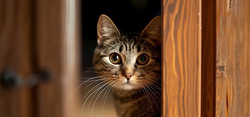 A cat hide peeps through the door