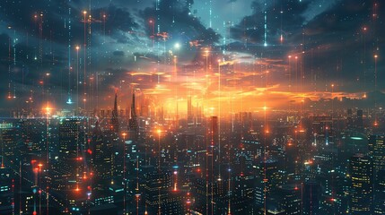 Fototapeta premium Digital network connections and futuristic cityscape blending seamlessly to depict the integration of technology