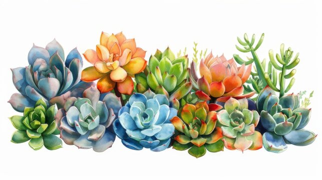Succulent plants. Echeveria, Sempervivum, Graptopetalum, Sedum, Kalanchoe. Isolated on white background. Watercolor hand drawn illustration.