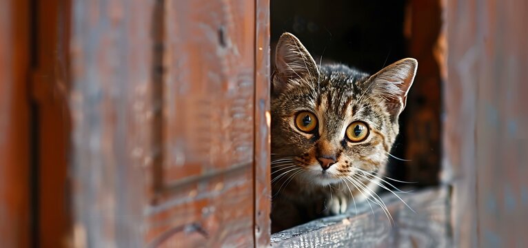 A cat hide peeps through the door