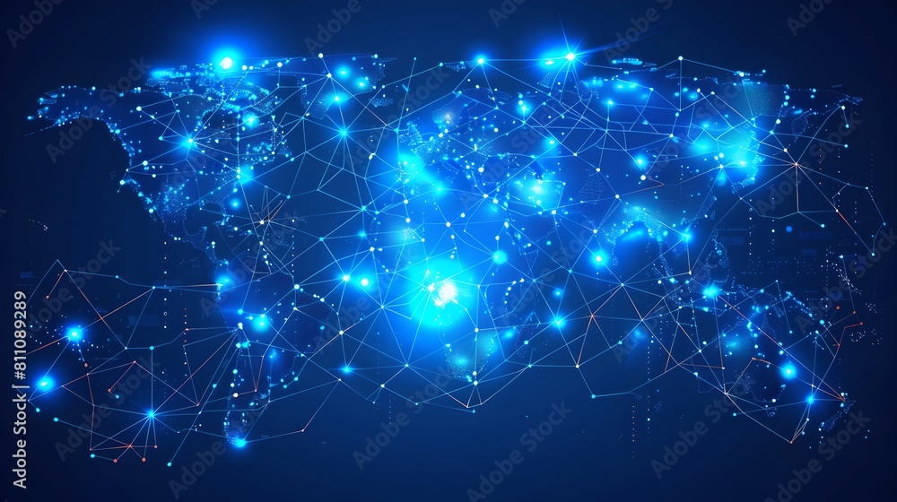 Poster digital world map design with glowing nodes and connecting lines. conceptual network connections, gl