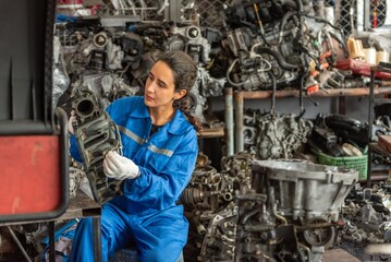 auto professional mechanical technician garage motor car engine woman check automobile engine for...