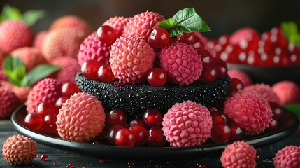  Raspberries sit atop plate, surrounded by table-top berries