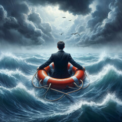 businessman floating on a lifebuoy in a stormy sea