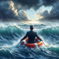 businessman floating on a lifebuoy in a stormy sea