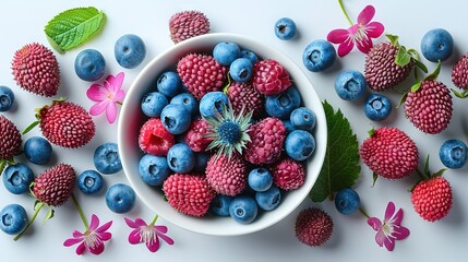   A bowl of blueberries, raspberries, and raspberries surrounded by flowers on a white surface