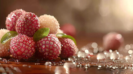  A wooden table holds a pile of green raspberries with water droplets on top