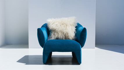 A comfortable blue chair featuring a cushion, resting on a white surface.
