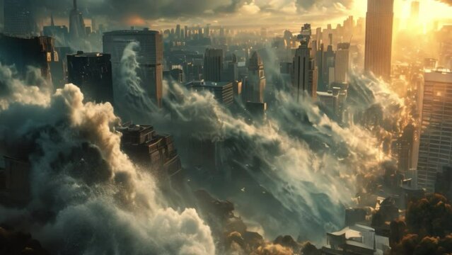 A huge tsunami hits the city. The concept of natural dangers