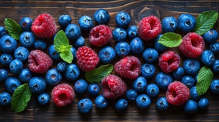  Blueberries, raspberries, and other raspberries are arranged on a wooden surface with leaves and...