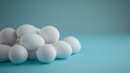 A pile of white eggs on a blue background