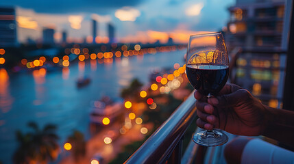 A person holding a glass of red wine on a porch or balcony near the city river at sunset