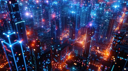 Fototapeta premium Digital network connections intertwining with architectural elements of a modern city