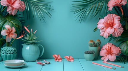 The image is a still life of a blue table with a blue vase of pink flowers, the background is a blue wall with palm leaves and pink flowers