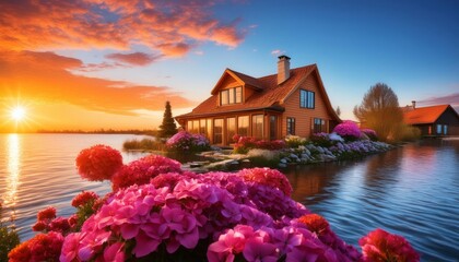 Luxurious waterfront home at sunset, framed by vibrant blooming flowers and reflective waters, epitomizing serene, upscale living.