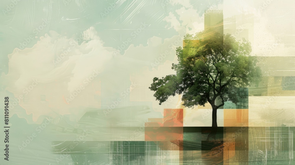Aufkleber on world environment day a solitary tree stands out against a backdrop of graphic elements serving a