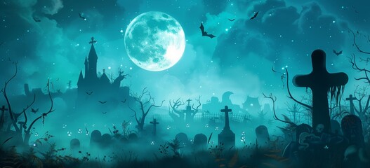 Halloween background with moon and old graveyard in spooky night. Halloween concept, blue color, banner design