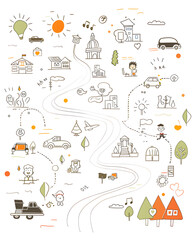 Simple childlike map line hand drawings in a doodle style isolated on white