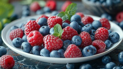  A plate of raspberries, blueberries, and raspberries with a green leaf on top