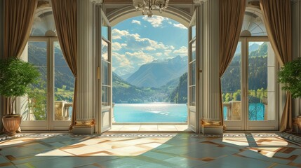 living room of a beautiful mansion with views of the lake and mountains during the day in spring or summer in high resolution