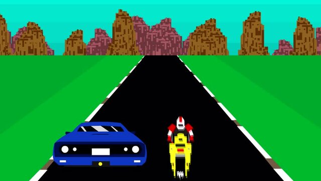 Animated video of a car versus motorbike racing game in pixel art style.