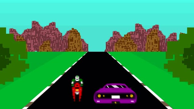 Animated video of a motorcycle versus racing car game in pixel art style.