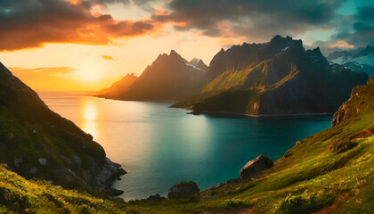 Mountains and sea, sunset colors landscape