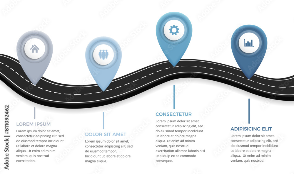 Poster road infographics template with four elements with place for your icons and text, vector eps10 illus
