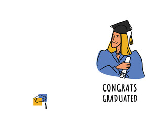The student holds a scroll tied with a ribbon. Flat vector illustration in cartoon style. A graduate in ceremonial attire winks. Postcard template. Closed book