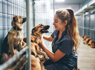 female volunteer at animal shelter petting rescued dogs